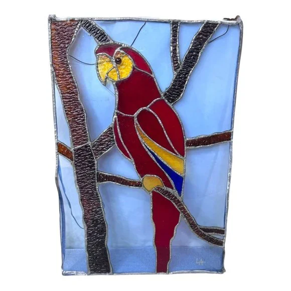 Handcrafted Signed Stained Glass Scarlet Macaw Parrot Wall Art Artisan Panel 18